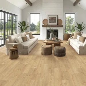 33626_142_room Mohawk Laminate in a light natural wood color in a living room with two white sofas | Shoreline Flooring