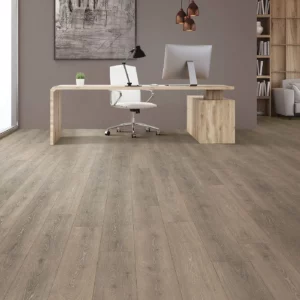 33634_10W_room Mohawk Laminate in a gray-brown wood tone in a home office | Shoreline Flooring
