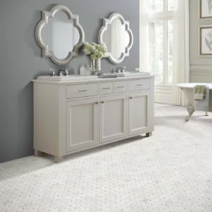 Shaw Floors Channel white basket weave mosaic tile in a bathroom | Shoreline Flooring