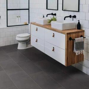 Shaw Floors Ember dark gray rectangular tile in a modern bathroom | Shoreline Flooring