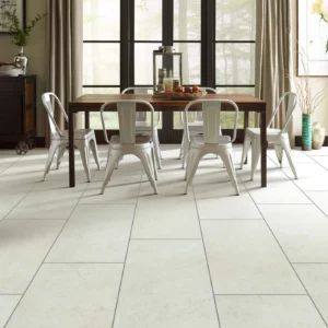 Shaw Floors Avorio large rectangular light beige tile in a dining room | Shoreline Flooring