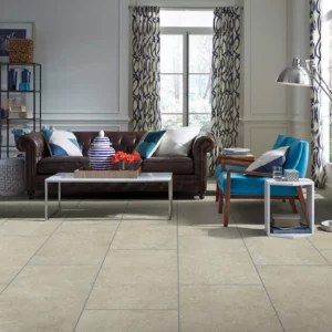 Shaw Floors tile in a light beige cafe color, in a living room | Shoreline Flooring