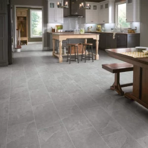 Shaw Floors Smoke gray large square tile in a kitchen | Shoreline Flooring