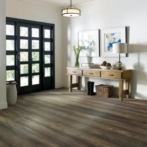 Dark brown hardwood in an entryway with a black front door | Shoreline Flooring